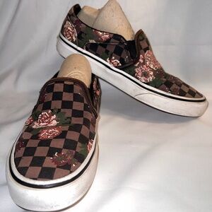 VANS SHOES Floral Checkerboard Asher Skate SLIPON CANVAS BLACK PINK BROWN 6.5 M
